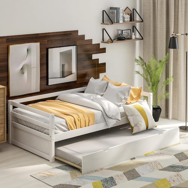 ANBAZAR White Wood Daybed with a Trundle No Box Spring Required Twin Trundle Daybed