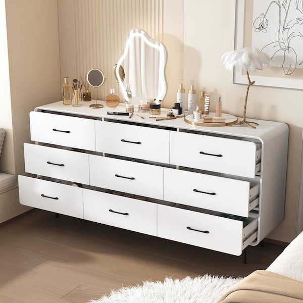 White 9-Drawer 63 in. W Dresser without Mirror, Chest of Drawer, Round Edges, Stylish Storage Sideboard