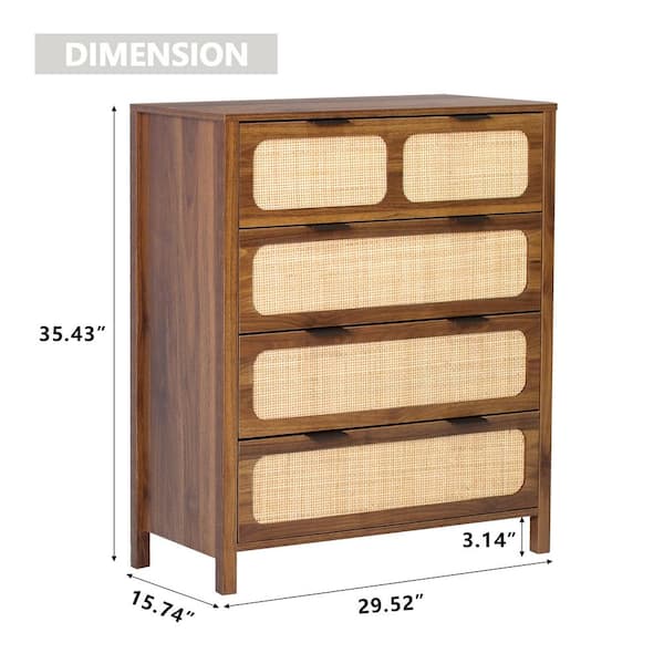 ATHMILE Walnut Wooden Rattan 4-Drawer Storage Cabinet