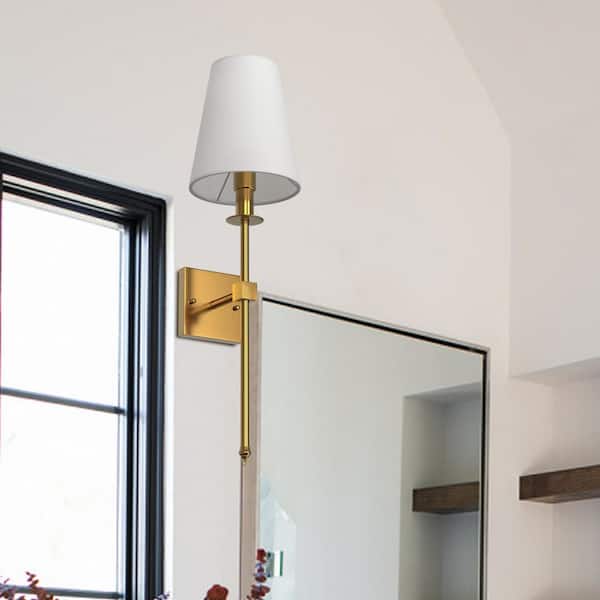 5.9 in. Gold 1-Light Wall Sconce with White Fabric Shade