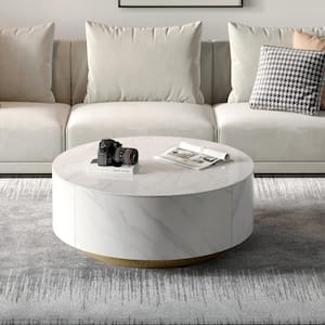 33 in. White Round Stone Top Coffee Table with Storage
