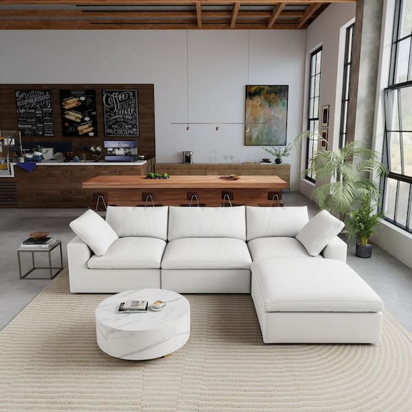118.02 in. Square Arm Linen L-Shaped Down Sofa with Storage Ottoman, Removable Covers For Living Room in White