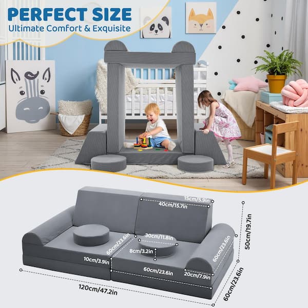 BOZTIY 10-Piece Gray Convertible Kids Couch Modular Fold Out