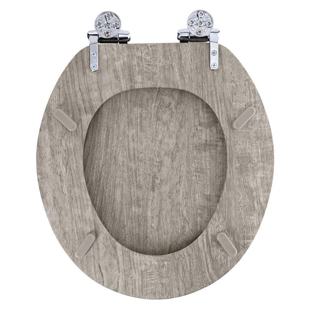 Round Distressed Gray Molded Wood Toilet Seat with Chrome Hinges