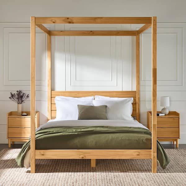 Walker Edison Furniture Company Minimalist Beige Wood Frame Queen Plank Canopy Bed