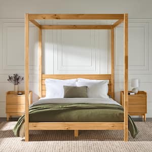 Minimalist Beige Wood Frame Queen Plank Canopy Bed