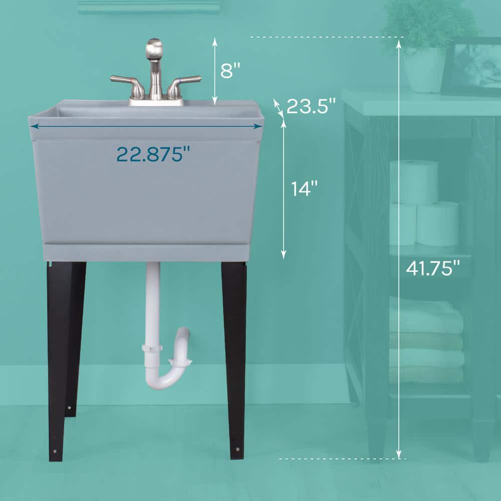 Gray Thermoplastic Freestanding Utility Sink with Stainless Steel Faucet