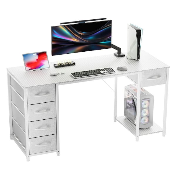 ComHoma 47.24 in. W White Computer Desk with 5-Fabric Drawers Home Office Desk with Storage Shelves Computer Desk Vanity Desk