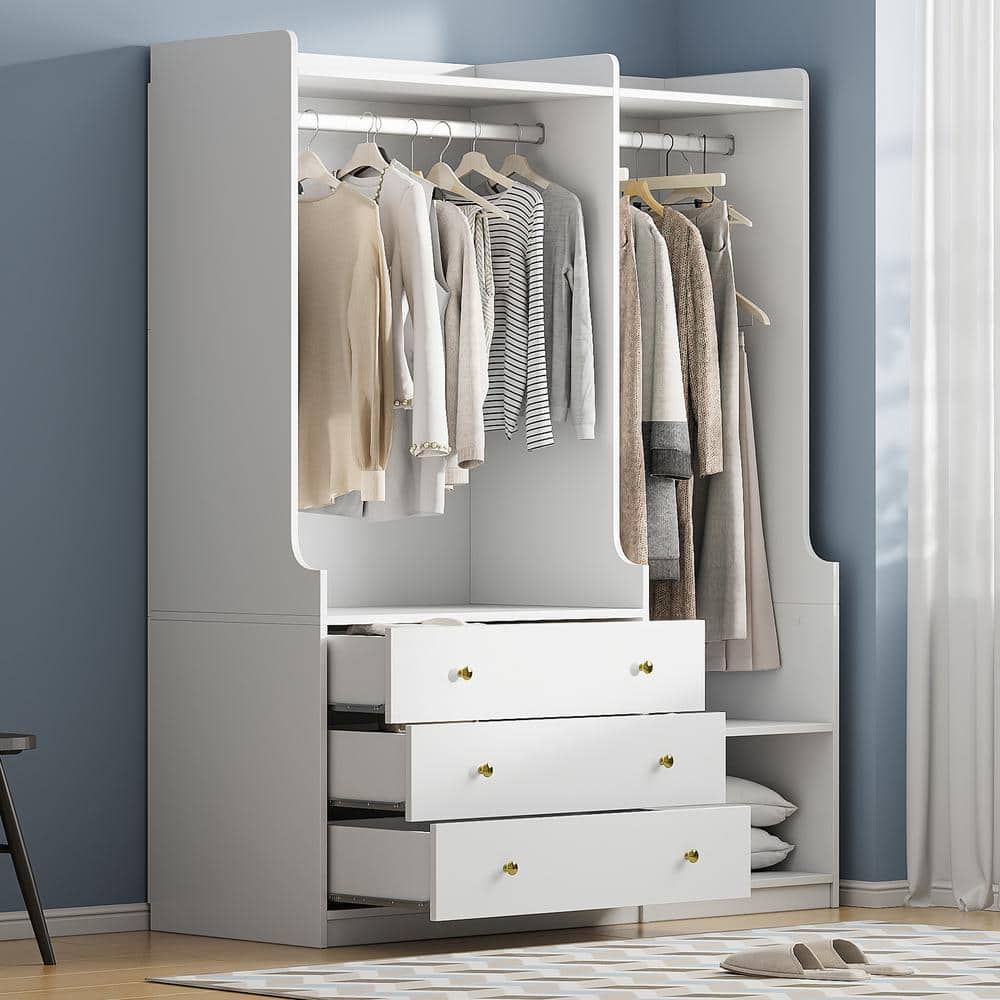 White Wood 52.4 in. Open Wardrobe with Shelves and 3 Drawers 2 Hanging Rods