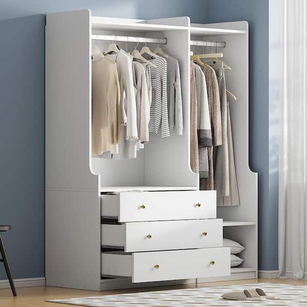 Harper & Bright Designs White Wood 52.4 in. Open Wardrobe with Shelves and 3-Drawers, 2-Hanging Rods