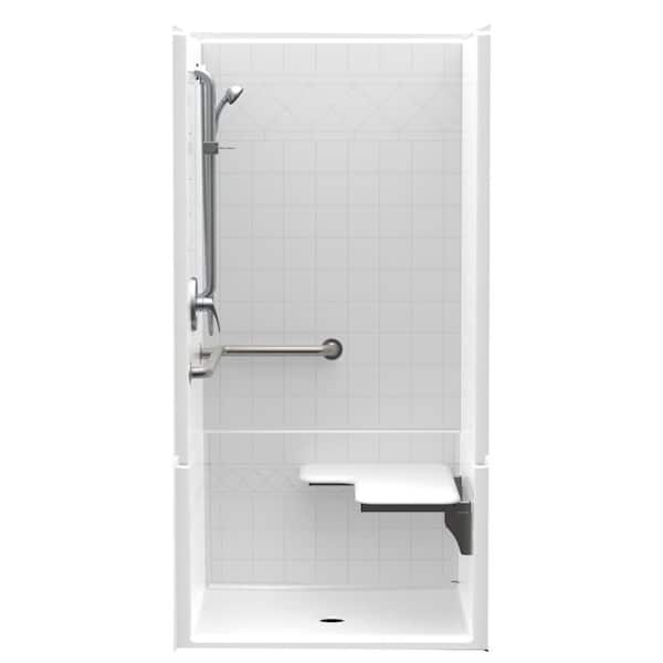 Accessible Diagonal Tile AcrylX 36 in. x 36 in. x 76 in. 4-Piece Shower Stall with Right Seat and Grab Bars in White