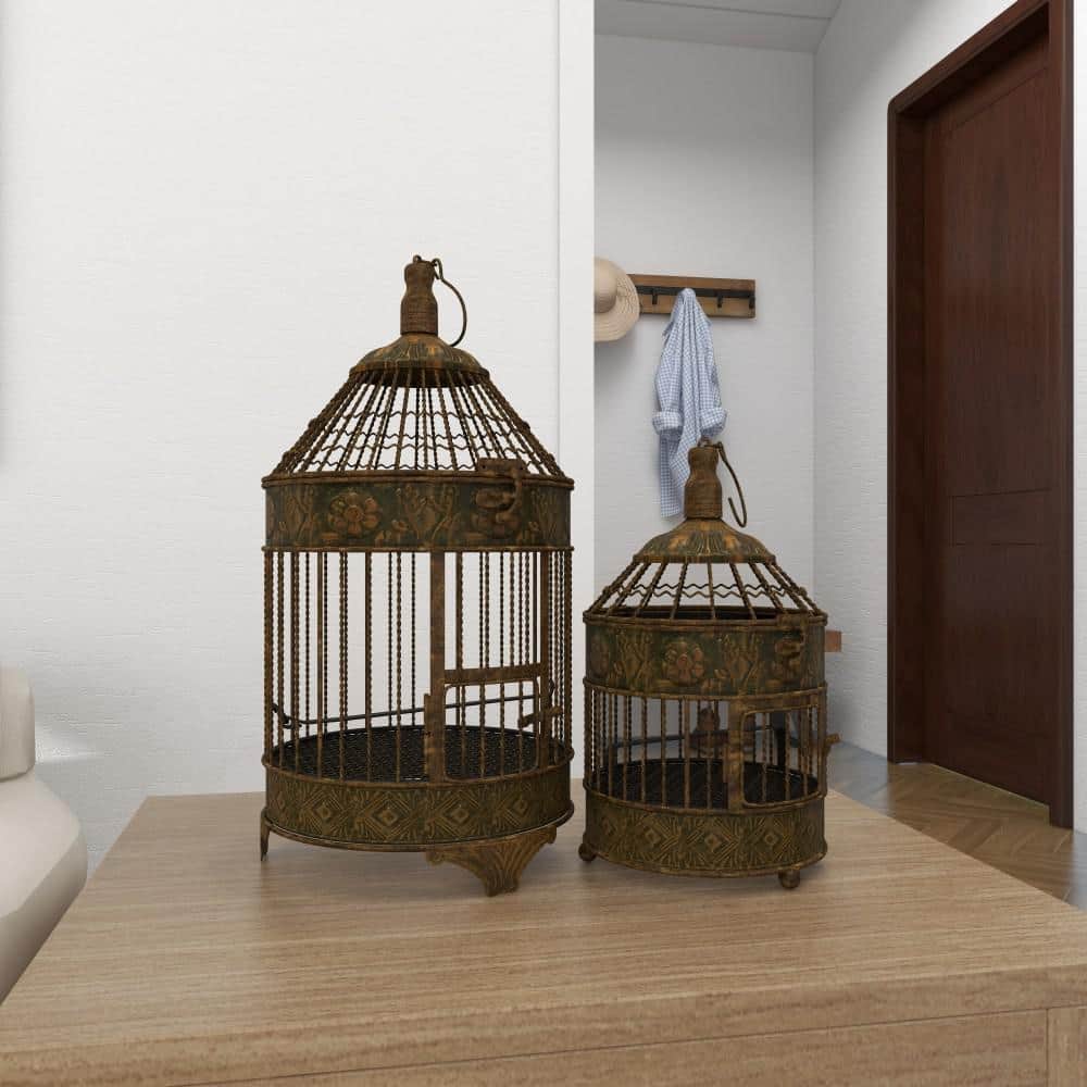 Bronze Antique Carved Metal Birdcage Set, 2 Pieces