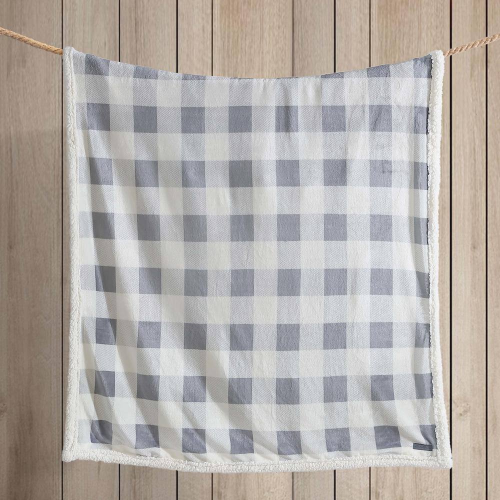Mountain Plaid Grey Reversible Sherpa Fleece Throw Blanket