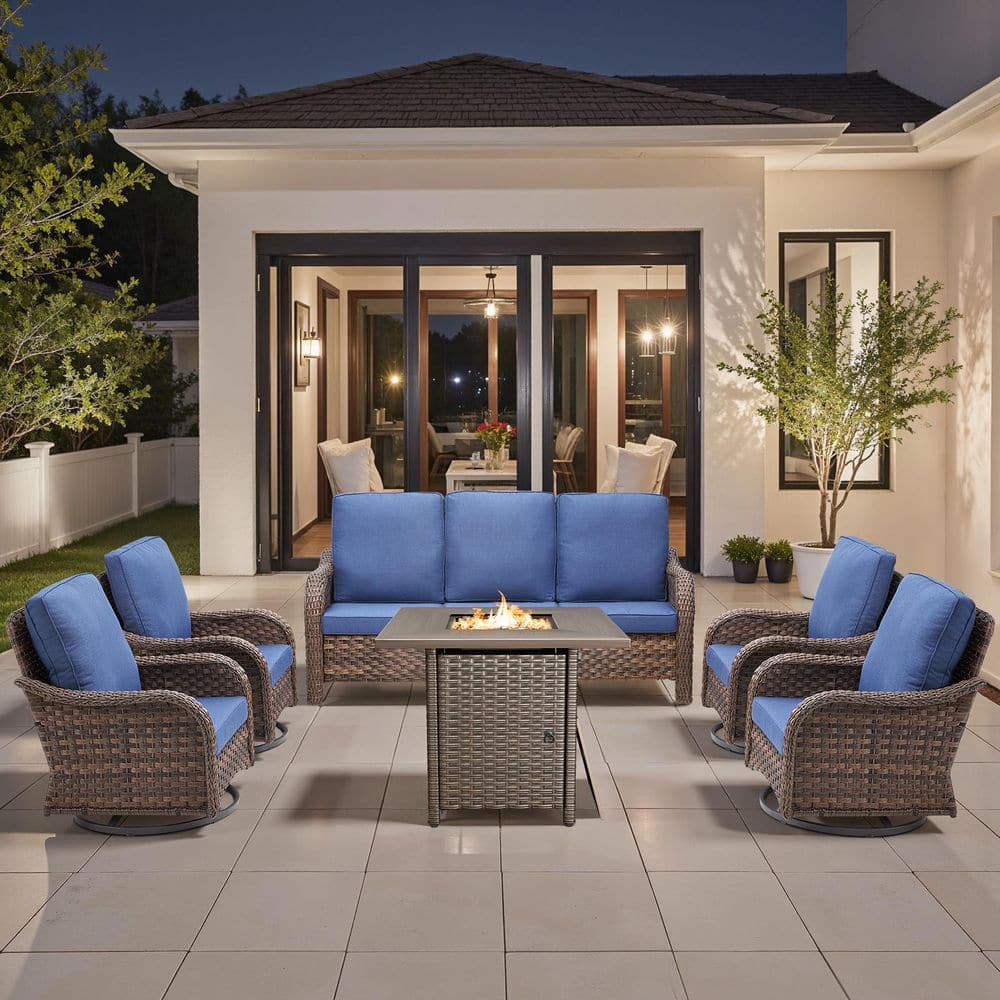 RoundEase 6-Piece Brown Wicker Fire Pit Conversation Set with Olefin Bule Cushions and Curved Arm Swivel Glider Chairs price history on PriceWatchPro