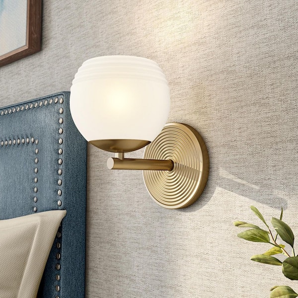 Moon Breeze 5.5 in. 1-Light Brushed Gold Modern Wall Sconce with Etched Opal Glass Shade, G9 Xenon Bulb Included