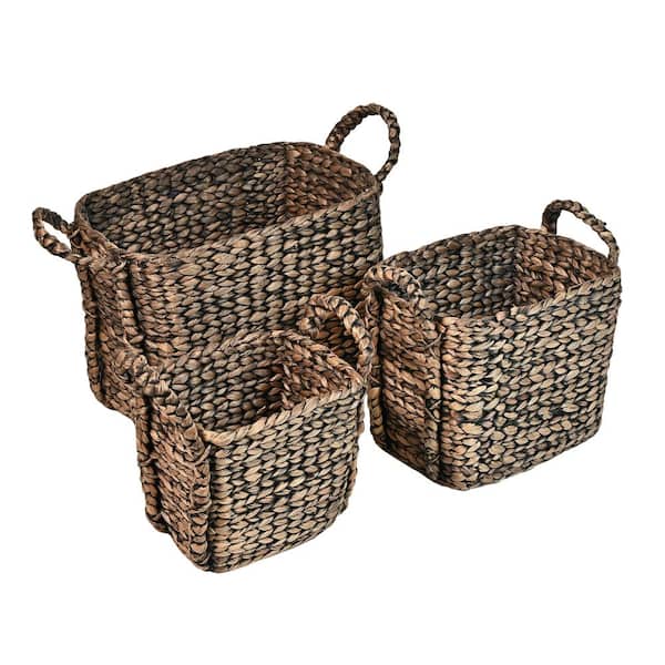 happimess Clara 16.14 in. x 16.93 in. Wood/Hyacinth Rectangle Storage Brown Floor Decorative Baskets with Handle (Set of 3)