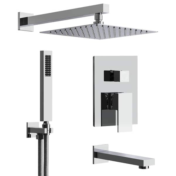 GRANDJOY 3-Spray Square High Pressure Wall Bar Shower Kit Tub and Shower Faucet in Polished Chrome (Valve Included)