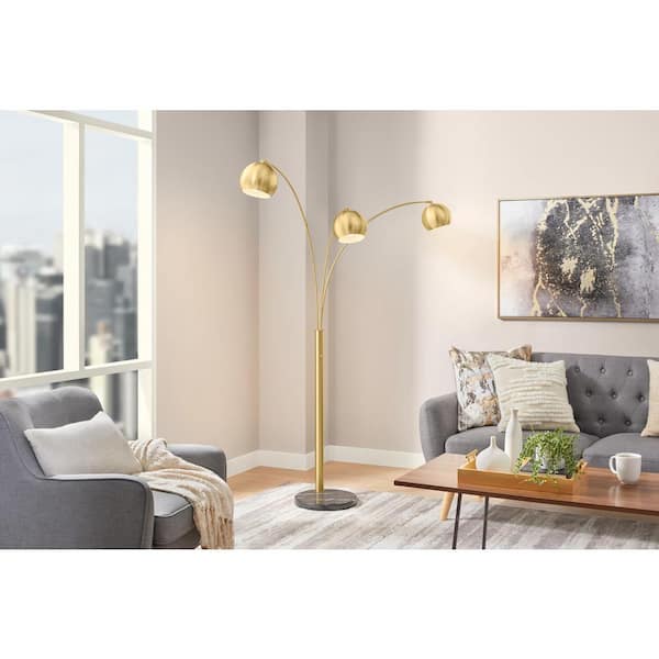 Hampton Bay Caldwell 74.5 in. 3-Light Gold Arc Floor Lamp with Metal Shades and Black Marble Base