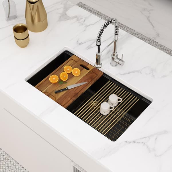30 in. Undermount Sink Granite/Quartz Composite Single Bowl Wrokstation Kitchen Sink in Black with Gold Accessories