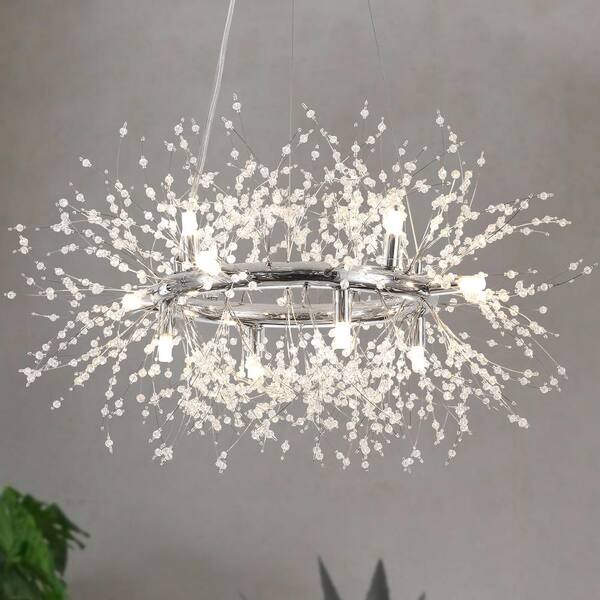 LWYTJO 12-Light Chrome Modern Dandelion Crystal Chandelier for
