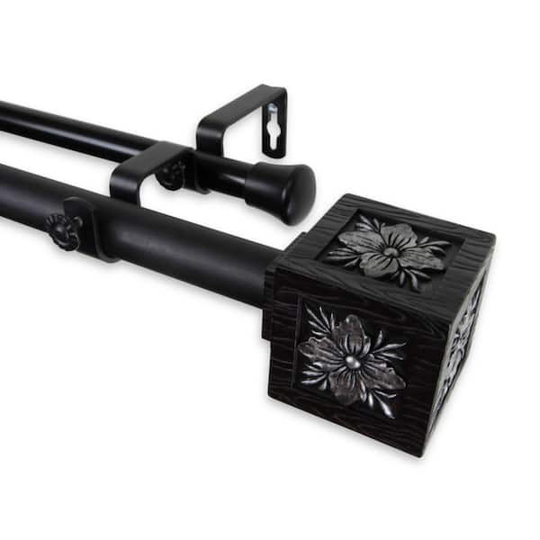 Rod Desyne 120 in. - 170 in. Telescoping 1 in. Double Curtain Rod Kit in Black with Ophelia Finial
