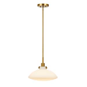 1-Light Antique Brass Schoolhouse Pendant Light with Frosted Opal Glass Shade