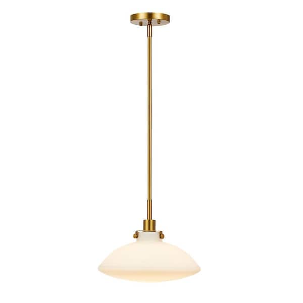 KAWOTI 1-Light Antique Brass Schoolhouse Pendant Light with Frosted Opal Glass Shade