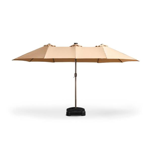 MIMOU Double Top 14.5 ft. Steel Cantilever Outdoor Patio Umbrella with base and LED Smart Strips in Khaki