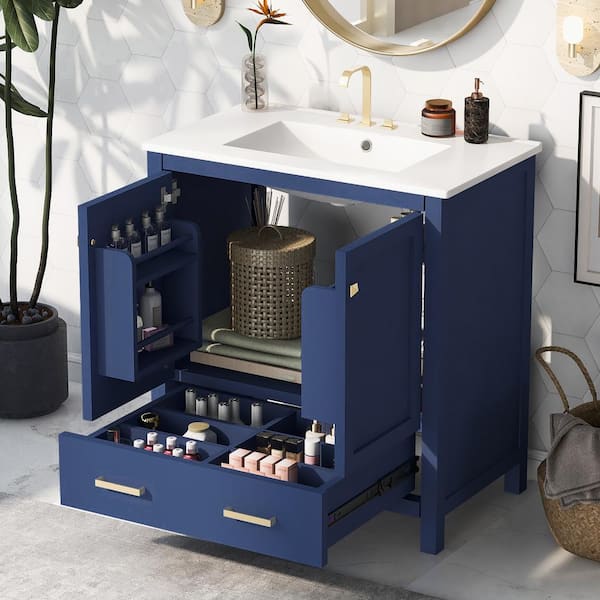 Tenleaf 30 in. W x 18 in. D x 34 in. H Single Sinks Freestanding Bath Vanity in Blue with White Ceramic Top