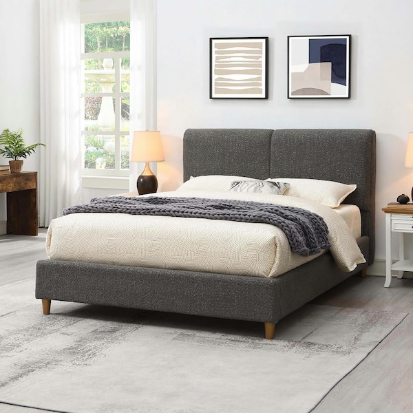 Katie Gray Wood Frame Queen Platform Bed with Padded Headboard and Round Tapered Wood Legs