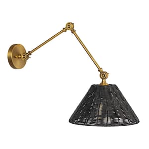 11.8 in. 1-Light Antique Brass Finish Adjustable Wall Sconce with Black Rattan Shade
