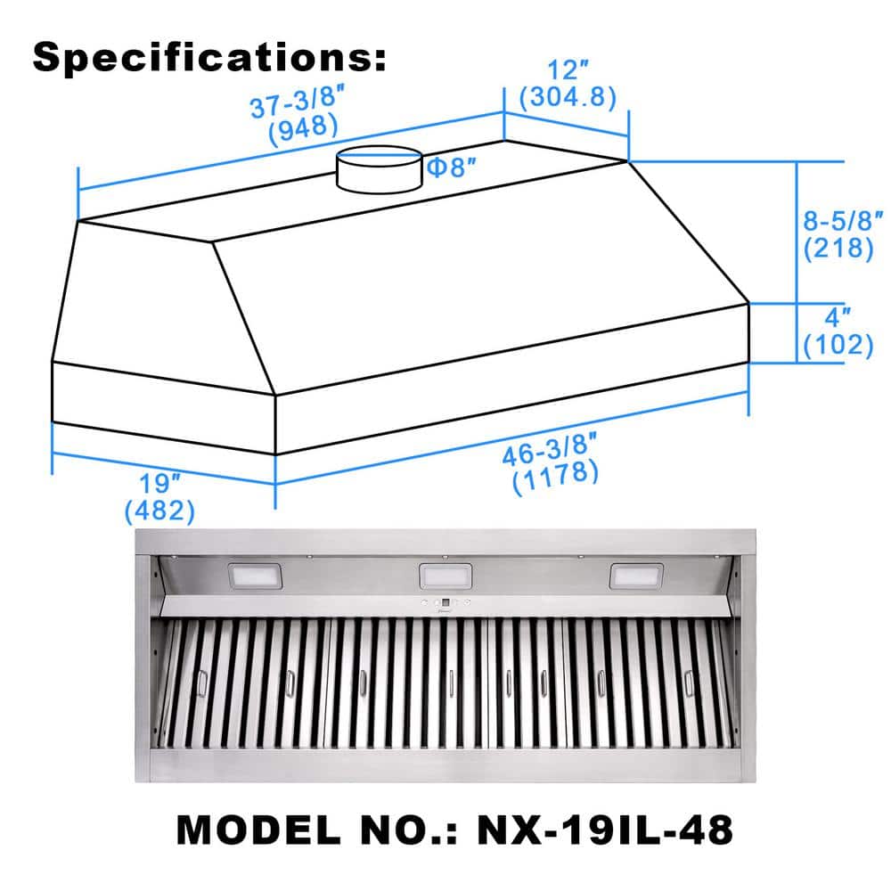 48" Stainless Steel Range Hood Insert with Charcoal Filter