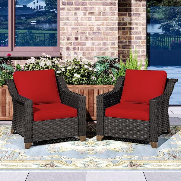 Patio Wicker Outdoor Lounge Chair with Thick Baby Red Cushions (2-Piece)