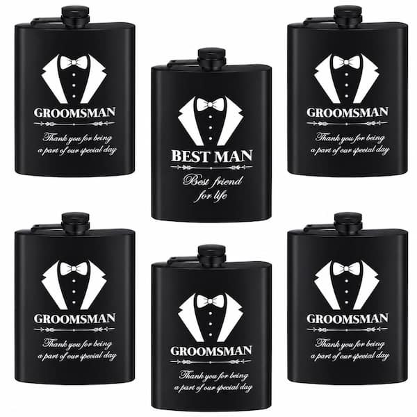 6-Piece Groomsmen Proposal Flask Set 8 oz Stainless Steel Engraved Best Man Wedding Flasks with Funnels