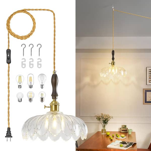 Home Lighting 60W 1Light 10.03in Modern Clear Glass Adjustable Plug-In Pendant (Gold Finish) for Bedrooms & Dining Rooms