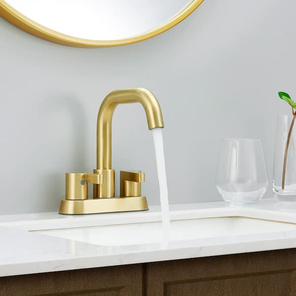 Staykiwi 4 in. Centerset Double Handle Mid Arc Bathroom Faucet with Drain Kit Included in Brushed Gold