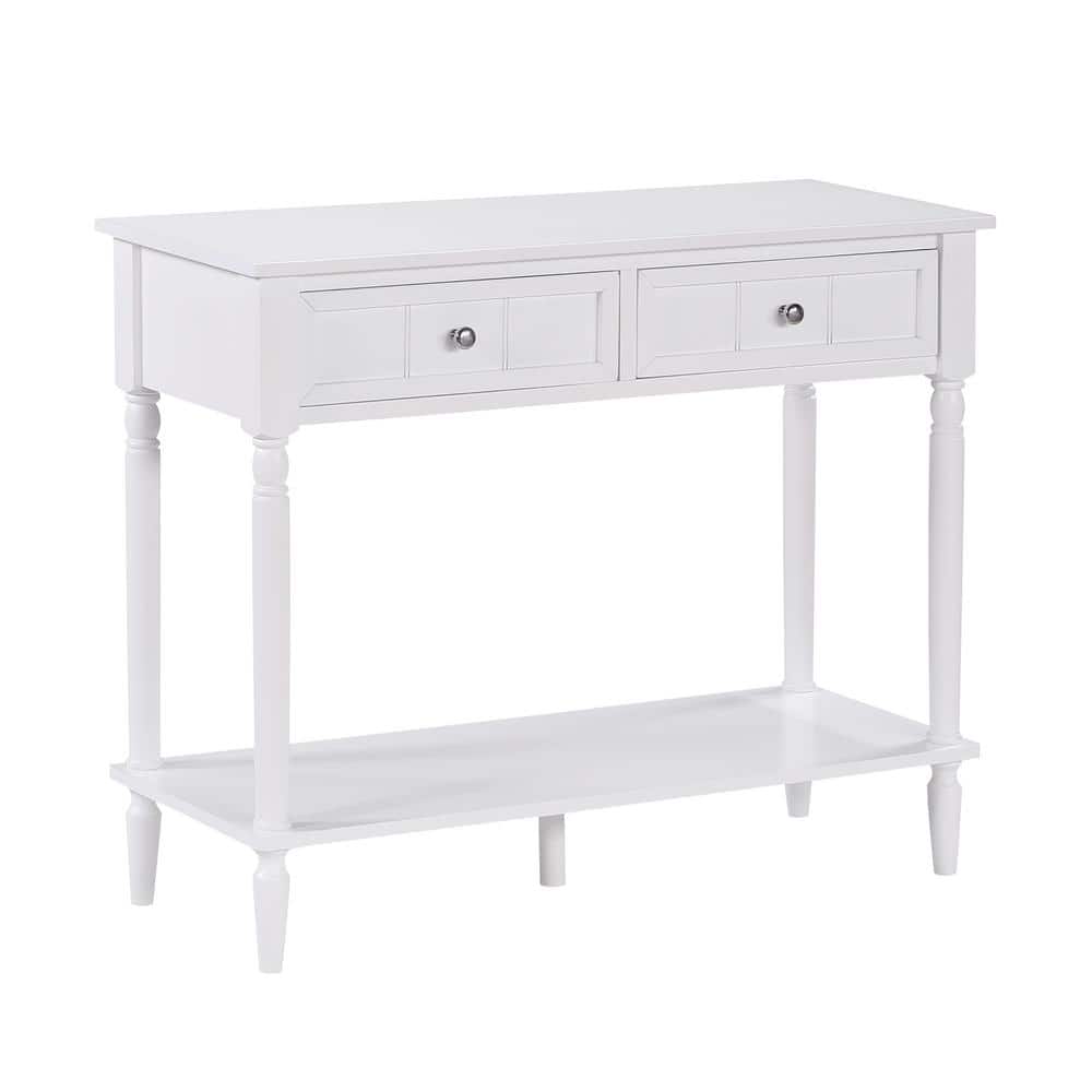 White Wood and Metal 2-Drawer Hall Table with Shelf