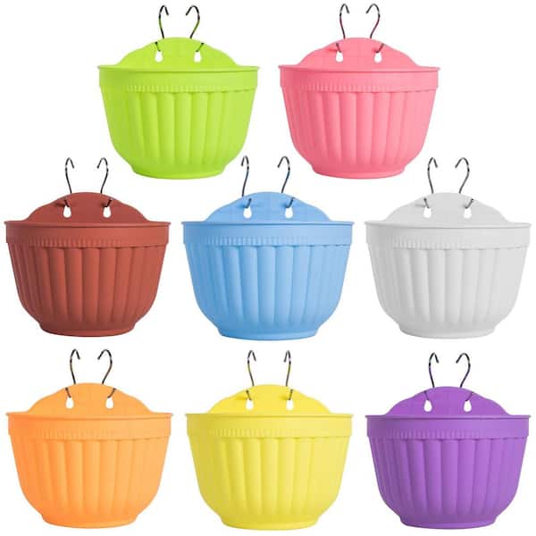 8-Piece Colorful Plastic Wall Hanging Planters, Railing Planters with Drainage Hole, Hooks and Screws