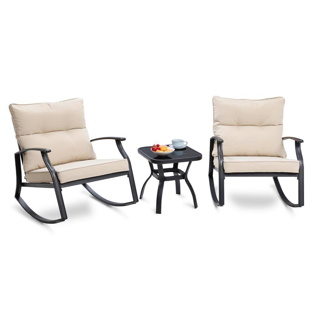 3-Pieces Metal Outdoor Bistro Set Patio Rocking Chairs with Beige Cushions 