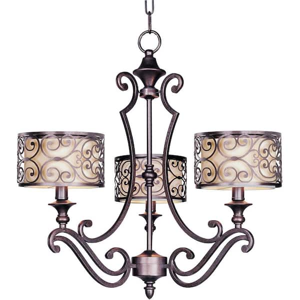 Mondrian 3-Light Umber Bronze Chandelier with Metal and Fabric Shades