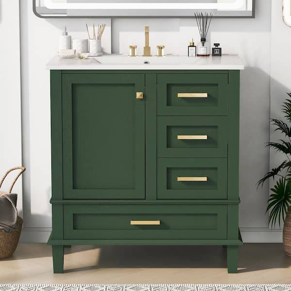Sarlai 30 in. W x 18 in. D x 34 in. H Freestanding Bath Vanity Storage Cabinet in Green with Ceramic Sink, Solid Wood Frame