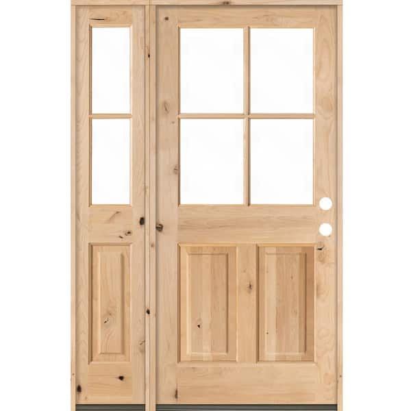 Krosswood Doors 50 in. x 80 in. Knotty Alder Left Hand 4-Lite Clear Glass Unfinished Wood Prehung Front Door with Left Sidelite