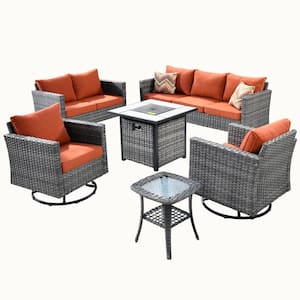 Michigan 6-Piece Wicker Outdoor Patio Fire Pit Seating Sofa Set and with Orange Red Cushions and Swivel Rocking Chairs