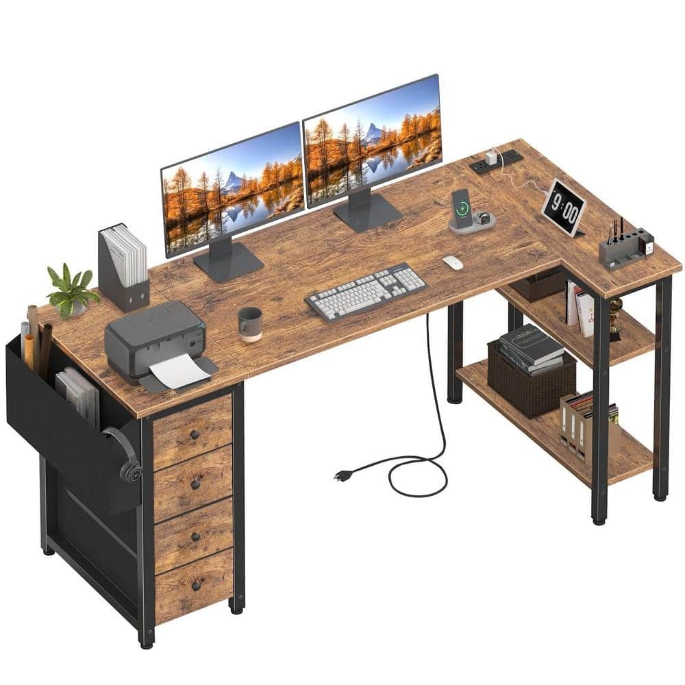 63 in. W Brown L Shaped Metal Computer Desk with Power Outlet