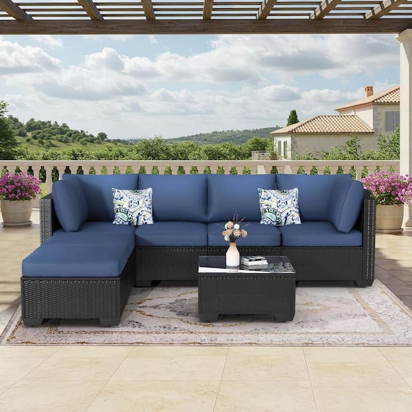 Tenleaf 7-Piece Wicker Patio Conversation Set with Dark Blue Cushions