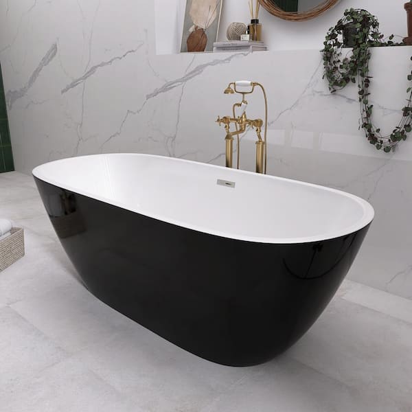 Zeafive 59 in. x 28.8 in. Acrylic Soaking Tub Flatbottom Free Standing Bathtub Chrome Anti-Clogging Drain in Glossy Black