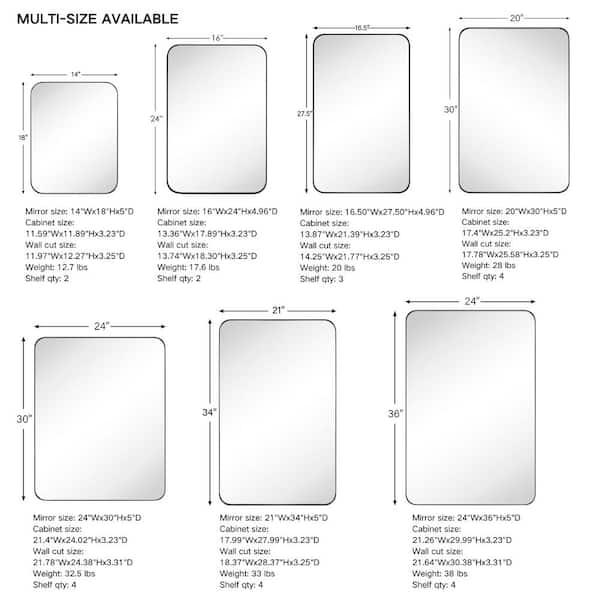 TEHOME 14-in x 18-in Recessed Mount Matt Black Mirrored Medicine Cabinet