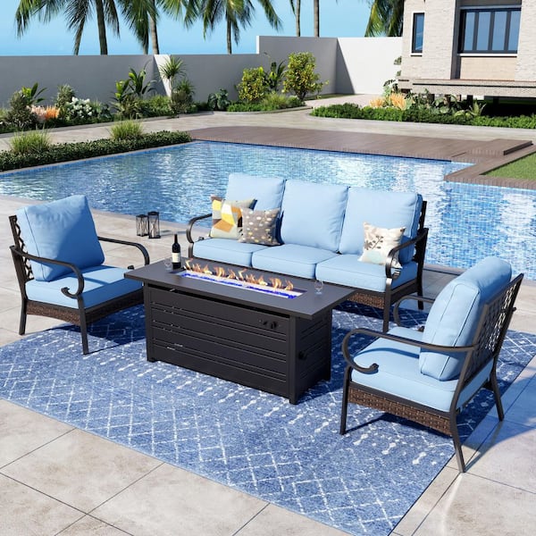 PHI VILLA 4-Piece Black Metal Outdoor Patio Conversation Seating Set with Fixed Chairs, 50000 BTU Fire Pit Table and Blue Cushions
