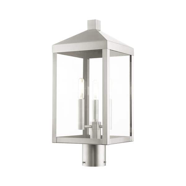 AVIANCE LIGHTING Creekview 19.5 in. 3-Light Brushed Nickel Cast Brass Hardwired Outdoor Rust Resistant Post Light with No Bulbs Included