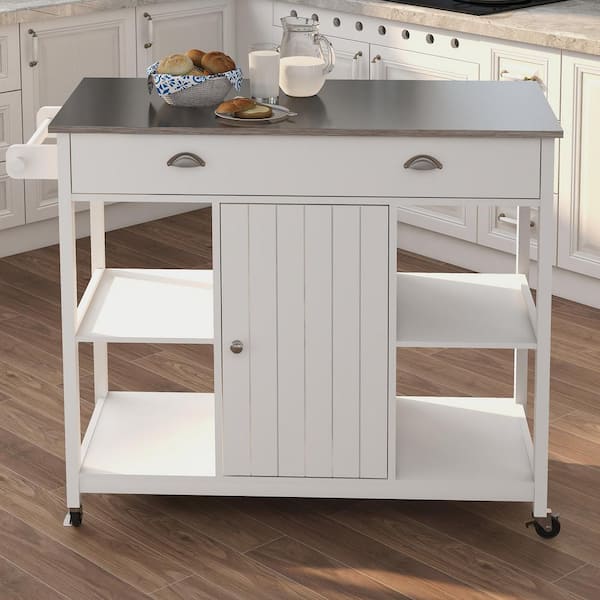Staykiwi White MDF Kitchen Cart with 1 Door Cabinet, 2 Open Shelves and Towel Rack
